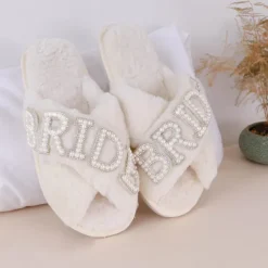 Bride Fuzzy Slippers for Women, Faux Fur Bridal Slippers with Rhinestone Letters, Bachelorette Party Gift, Wedding Day Getting Ready Slippers, Plush House Slippers for Bride-to-Be, Bridal Shower Gift