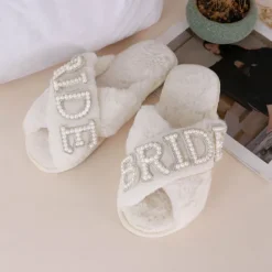 Bride Fuzzy Slippers for Women, Faux Fur Bridal Slippers with Rhinestone Letters, Bachelorette Party Gift, Wedding Day Getting Ready Slippers, Plush House Slippers for Bride-to-Be, Bridal Shower Gift