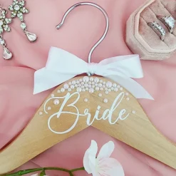 Bride Wedding Dress Hanger, Wooden Bridal Hanger with Pearls and Bow, Personalized Custom Name Hanger for Wedding Gown, Bridal Shower Gift, Bride Coat Hanger for Bachelorette Party