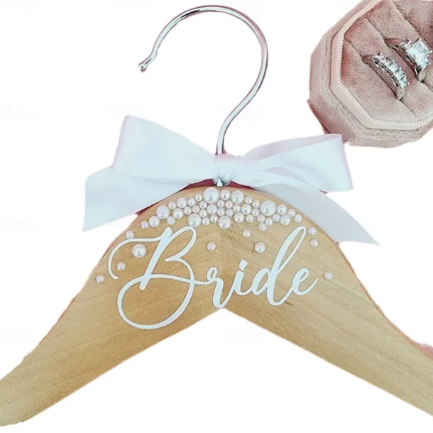 Bride Wedding Dress Hanger, Wooden Bridal Hanger with Pearls and Bow, Personalized Custom Name Hanger for Wedding Gown, Bridal Shower Gift, Bride Coat Hanger for Bachelorette Party