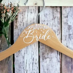 Bride Wedding Dress Hanger, Wooden Bridal Hanger with Pearls and Bow, Personalized Custom Name Hanger for Wedding Gown, Bridal Shower Gift, Bride Coat Hanger for Bachelorette Party