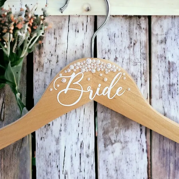 Bride Wedding Dress Hanger, Wooden Bridal Hanger with Pearls and Bow, Personalized Custom Name Hanger for Wedding Gown, Bridal Shower Gift, Bride Coat Hanger for Bachelorette Party