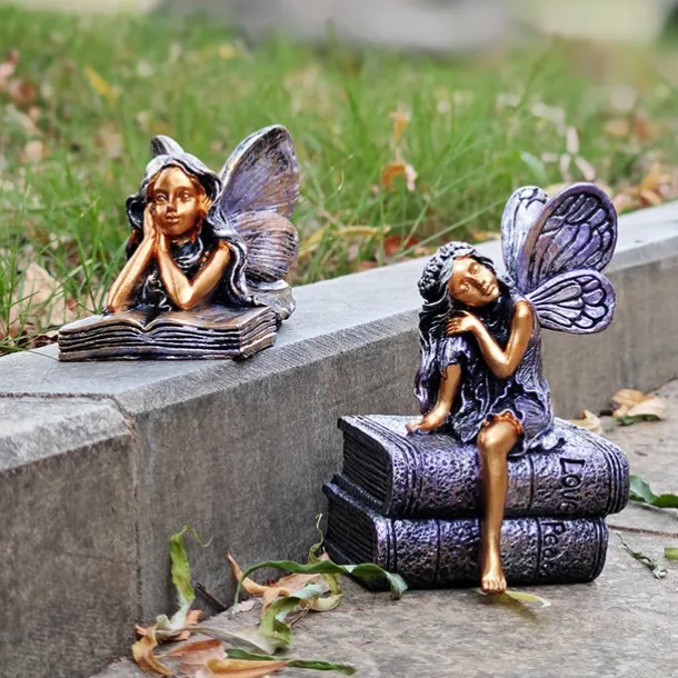 Bronze Angel Resin Figurine, Book Angel Girl Sculpture, Creative Home Decor for Bookshelves, Desk, and Office Decoration