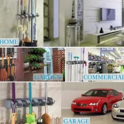 Broom Holder, Wall Mounted Garden Tool Organizer, Home Laundry Room, Kitchen, Closet, Shed, Garage Organization And Storage Utility Rack, 5 Slots & 6 Hooks, Rake, Shovel, Mop Hanger