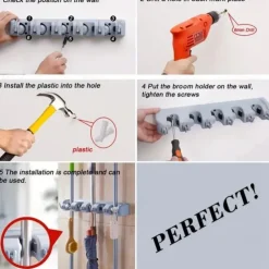 Broom Holder, Wall Mounted Garden Tool Organizer, Home Laundry Room, Kitchen, Closet, Shed, Garage Organization And Storage Utility Rack, 5 Slots & 6 Hooks, Rake, Shovel, Mop Hanger