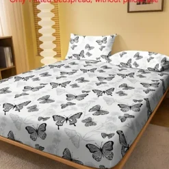 Brushed Fitted Sheet Soft Polyester Deep Pocket Easy Care Machine Washable Elegant Mandala Butterfly Bedroom Decor (Pillowcase Not Included)