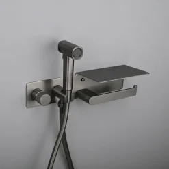 Brushed Gold Bidet Sprayer Concealed Button Brass Valve with Commodity Shelf Paper Holder Plastic Sprayer PVC Hose Grey