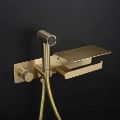 Brushed Gold Bidet Sprayer Concealed Button Brass Valve with Commodity Shelf Paper Holder Plastic Sprayer PVC Hose Grey