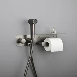 Brushed Gold Bidet Sprayer Concealed Button Brass Valve with Commodity Shelf Paper Holder Plastic Sprayer PVC Hose Grey