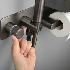 Brushed Gold Bidet Sprayer Concealed Button Brass Valve with Commodity Shelf Paper Holder Plastic Sprayer PVC Hose Grey