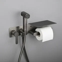 Brushed Grey Bidet Sprayer Concealed Button Brass Valve with Commodity Shelf Paper Holder Plastic Sprayer PVC Hose
