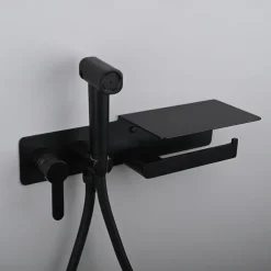 Brushed Grey Bidet Sprayer Concealed Button Brass Valve with Commodity Shelf Paper Holder Plastic Sprayer PVC Hose