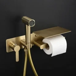 Brushed Grey Bidet Sprayer Concealed Button Brass Valve with Commodity Shelf Paper Holder Plastic Sprayer PVC Hose
