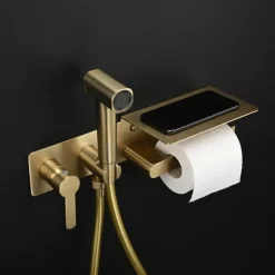 Brushed Grey Bidet Sprayer Concealed Button Brass Valve with Commodity Shelf Paper Holder Plastic Sprayer PVC Hose