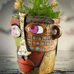 Brutalist Abstract Beauty Face Flower Pot Colorful Resin Head Planter with Handles for Easy Moving, Unique Artistic Decor for Indoor/Outdoor Plants, Perfect Gift for Art and Plant Lovers