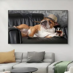 Bulldog Smoking Cigar Art Canvas Painting in The Wall Animal Posters and Prints Wall Art Picture for Living Room Home Decor