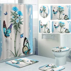 Butterfly Bathroom Deco 4 Pcs Shower Curtain Set 180cm*180cm(70"*70") Bathroom Sets Modern Home Bathroom Decor with Bath Mat U Shape and Toilet Lid Cover Mat 12 Hooks