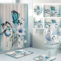 Butterfly Bathroom Deco 4 Pcs Shower Curtain Set 180cm*180cm(70"*70") Bathroom Sets Modern Home Bathroom Decor with Bath Mat U Shape and Toilet Lid Cover Mat 12 Hooks