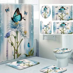 Butterfly Bathroom Deco 4 Pcs Shower Curtain Set 180cm*180cm(70