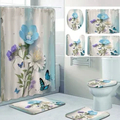 Butterfly Bathroom Deco 4 Pcs Shower Curtain Set 180cm*180cm(70