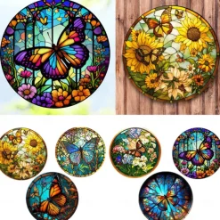 Butterfly Faux Stained Glass Window Cling Suncatcher, Round Dragonfly Wreath Glass, Butterfly Wreath Acrylic Plate Decoration