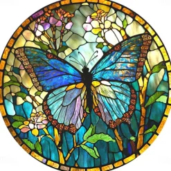 Butterfly Faux Stained Glass Window Cling Suncatcher, Round Dragonfly Wreath Glass, Butterfly Wreath Acrylic Plate Decoration