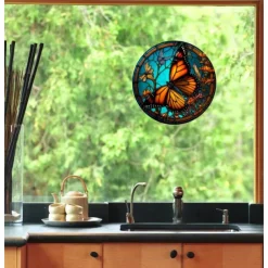 Butterfly Faux Stained Glass Window Cling Suncatcher, Round Dragonfly Wreath Glass, Butterfly Wreath Acrylic Plate Decoration