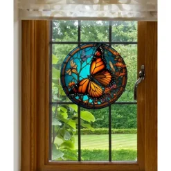 Butterfly Faux Stained Glass Window Cling Suncatcher, Round Dragonfly Wreath Glass, Butterfly Wreath Acrylic Plate Decoration