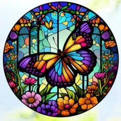 Butterfly Faux Stained Glass Window Cling Suncatcher, Round Dragonfly Wreath Glass, Butterfly Wreath Acrylic Plate Decoration