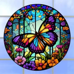 Butterfly Faux Stained Glass Window Cling Suncatcher, Round Dragonfly Wreath Glass, Butterfly Wreath Acrylic Plate Decoration