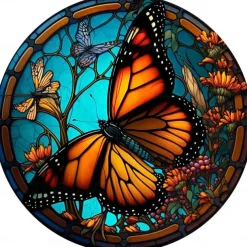 Butterfly Faux Stained Glass Window Cling Suncatcher, Round Dragonfly Wreath Glass, Butterfly Wreath Acrylic Plate Decoration