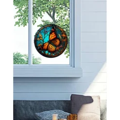 Butterfly Faux Stained Glass Window Cling Suncatcher, Round Dragonfly Wreath Glass, Butterfly Wreath Acrylic Plate Decoration
