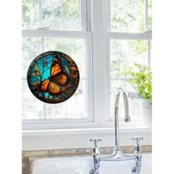 Butterfly Faux Stained Glass Window Cling Suncatcher, Round Dragonfly Wreath Glass, Butterfly Wreath Acrylic Plate Decoration