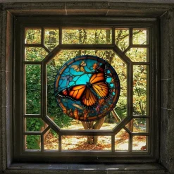 Butterfly Faux Stained Glass Window Cling Suncatcher, Round Dragonfly Wreath Glass, Butterfly Wreath Acrylic Plate Decoration
