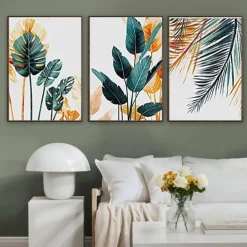 Canvas Prints Wall Art Original Designed Framed Tropical Plants Pictures Minimalist Watercolor Painting Palm Monstera Green Leaf for Living Room Office Bedroom BathRoom 3 Piece 12 X 18
