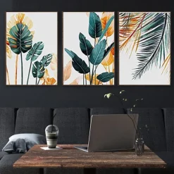 Canvas Prints Wall Art Original Designed Framed Tropical Plants Pictures Minimalist Watercolor Painting Palm Monstera Green Leaf for Living Room Office Bedroom BathRoom 3 Piece 12 X 18