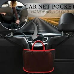 Car Net Pocket Handbag Holder, Extra Storage Space Organizer, Safe & Disturb-Free Driving, Simple Installation, Fits Standard Armrests, Oxford Cloth & Mesh, Black/Red