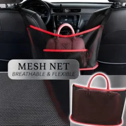 Car Net Pocket Handbag Holder, Extra Storage Space Organizer, Safe & Disturb-Free Driving, Simple Installation, Fits Standard Armrests, Oxford Cloth & Mesh, Black/Red