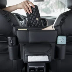 Car Storage Pocket Between Seats with Cup Holder,Car Purse Holder,Car Tissue Holder, Leather Large Bag Purse Holder for Car Front Seat, Multipurpose Car Pocket Handbag Storage Organizer