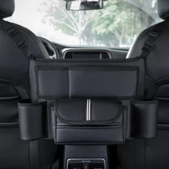 Car Storage Pocket Between Seats with Cup Holder,Car Purse Holder,Car Tissue Holder, Leather Large Bag Purse Holder for Car Front Seat, Multipurpose Car Pocket Handbag Storage Organizer