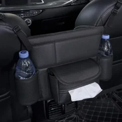 Car Storage Pocket Between Seats with Cup Holder,Car Purse Holder,Car Tissue Holder, Leather Large Bag Purse Holder for Car Front Seat, Multipurpose Car Pocket Handbag Storage Organizer