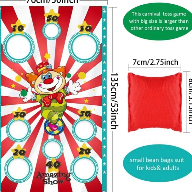 Carnival Clown Toss Game Banner with Bean Bag for Kids and Adults in Carnival Party Activities Carnival Party Decoration Supply