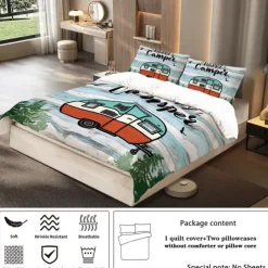 Cartoon Camping RV Print Duvet Cover Set - Includes Duvet Cover and Pillowcases - Fun and Whimsical Design - Soft and Comfortable Fabric - Perfect for Adventurous Bedroom Decor - Easy to Clean and Maintai