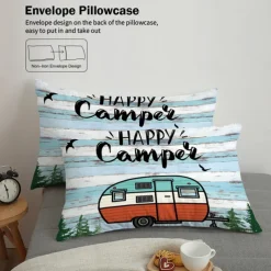Cartoon Camping RV Print Duvet Cover Set - Includes Duvet Cover and Pillowcases - Fun and Whimsical Design - Soft and Comfortable Fabric - Perfect for Adventurous Bedroom Decor - Easy to Clean and Maintai