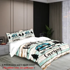 Cartoon Camping RV Print Duvet Cover Set - Includes Duvet Cover and Pillowcases - Fun and Whimsical Design - Soft and Comfortable Fabric - Perfect for Adventurous Bedroom Decor - Easy to Clean and Maintai