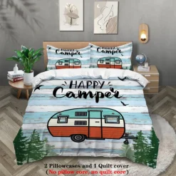 Cartoon Camping RV Print Duvet Cover Set - Includes Duvet Cover and Pillowcases - Fun and Whimsical Design - Soft and Comfortable Fabric - Perfect for Adventurous Bedroom Decor - Easy to Clean and Maintai