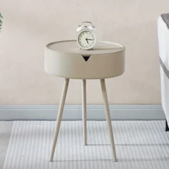 Casual Style Flip Top Side Table with Storage Plastic Round End Coffee Table Modern Bedside Accent Table with Leg Base for Living Room, Bedroom, Office