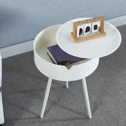 Casual Style Flip Top Side Table with Storage Plastic Round End Coffee Table Modern Bedside Accent Table with Leg Base for Living Room, Bedroom, Office