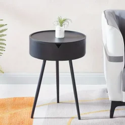 Casual Style Flip Top Side Table with Storage Plastic Round End Coffee Table Modern Bedside Accent Table with Leg Base for Living Room, Bedroom, Office