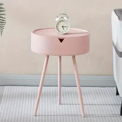 Casual Style Flip Top Side Table with Storage Plastic Round End Coffee Table Modern Bedside Accent Table with Leg Base for Living Room, Bedroom, Office